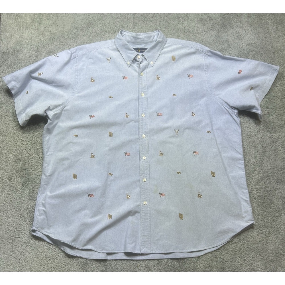 Polo Ralph Lauren Shirt Men 3XB Blue Button Down Embroidery USA Flags *SPOT/HOLE